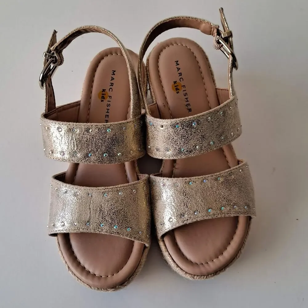 Marc Fisher Marrel Shimmer Strappy Espadrille Wedge Sandals Gold Girls Size 2